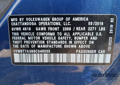 2016 Volkswagen Passat 1.8T Se из США, поврежденный, VIN 1VWBT7A38GC045033